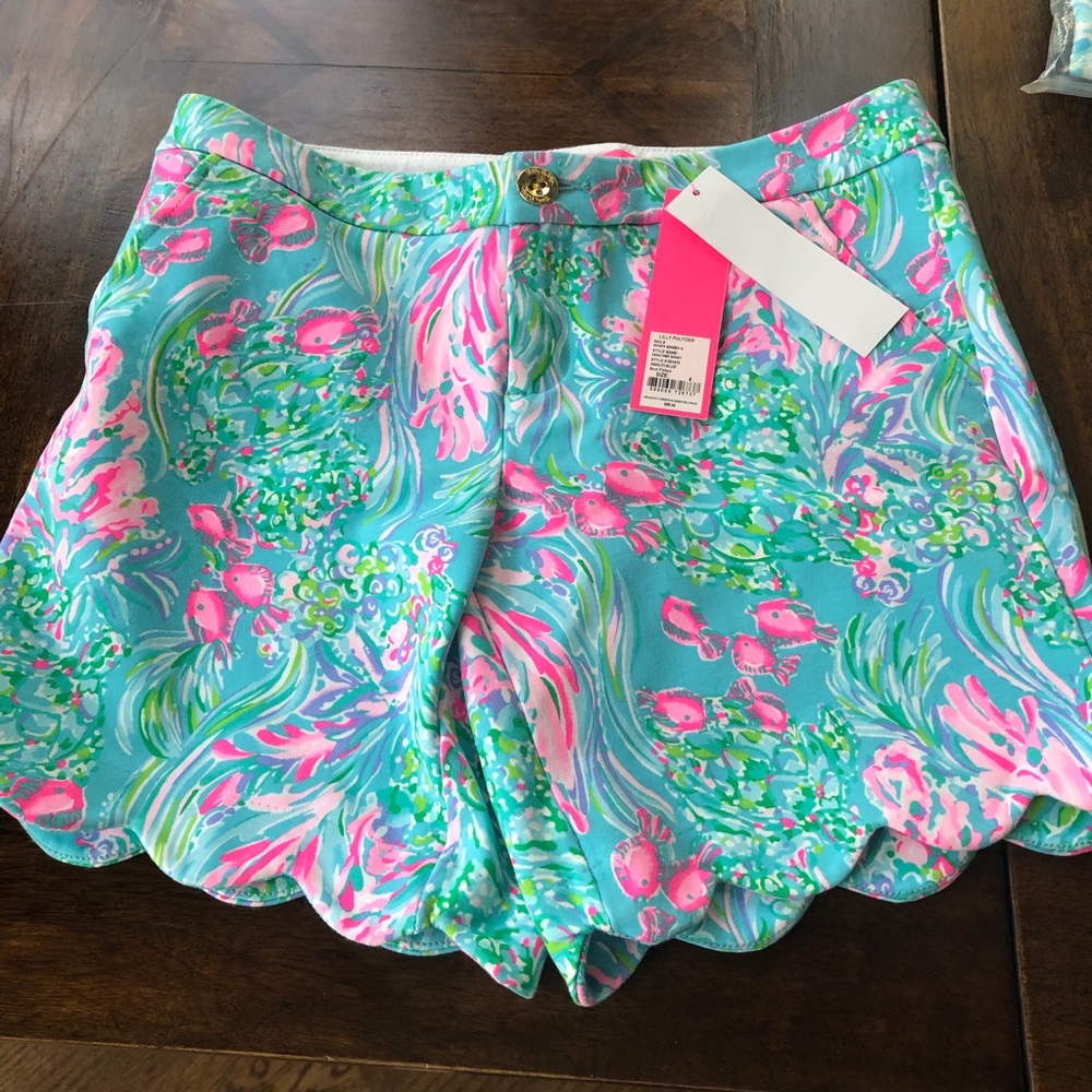 Lilly Pulitzer Teal Pink & Green Floral Scallop Hem Bermuda Shorts - Picture 9 of 11